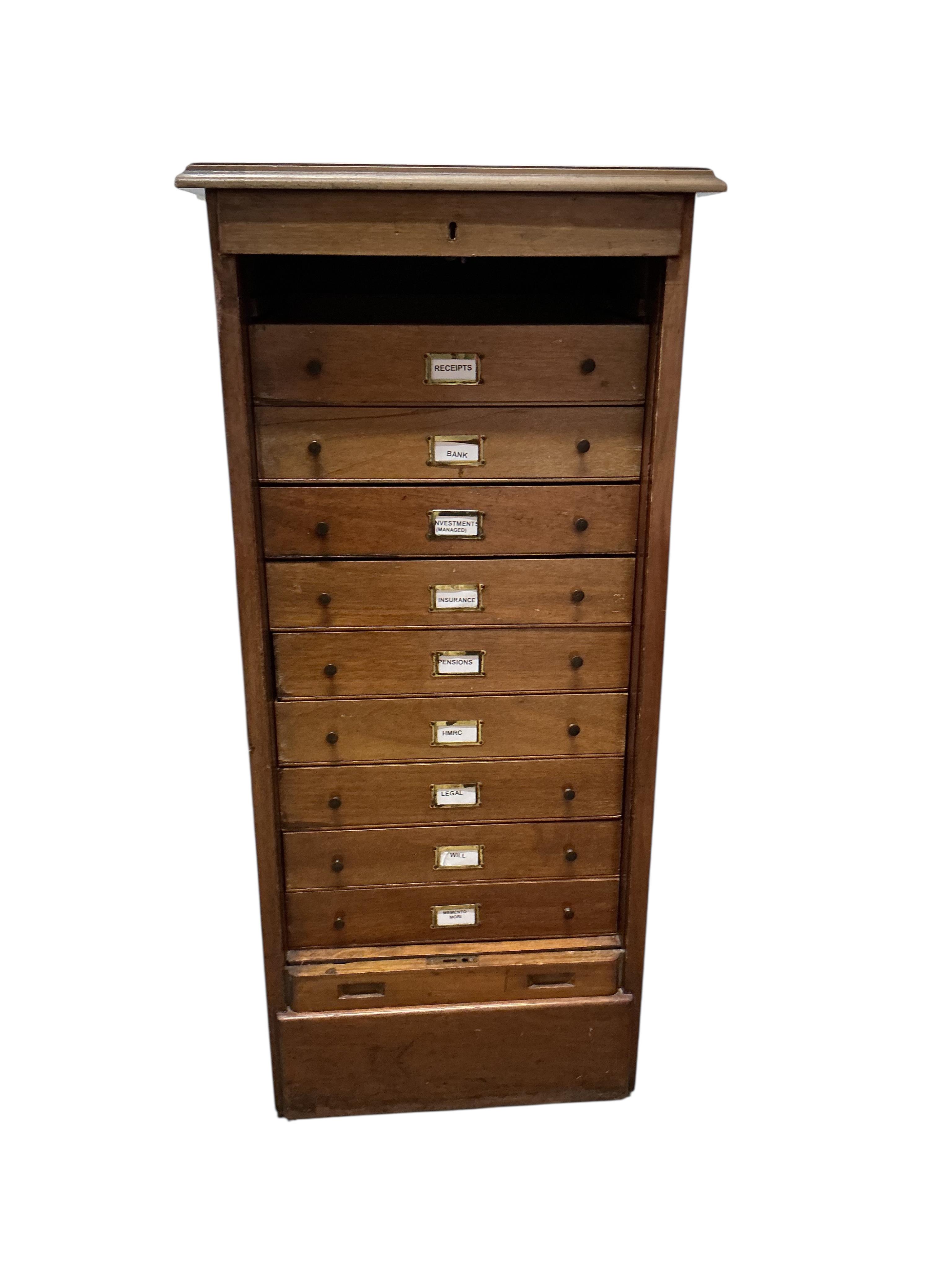 A 1920's mahogany tambour filing cabinet, width 50cm, depth 45cm, height 109cm